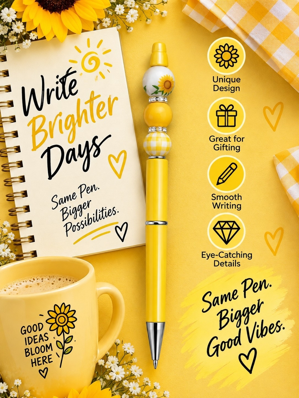 Handmade Bright Yellow Sunflower Ballpoint Pen – Cheerful Writing Accessory!!